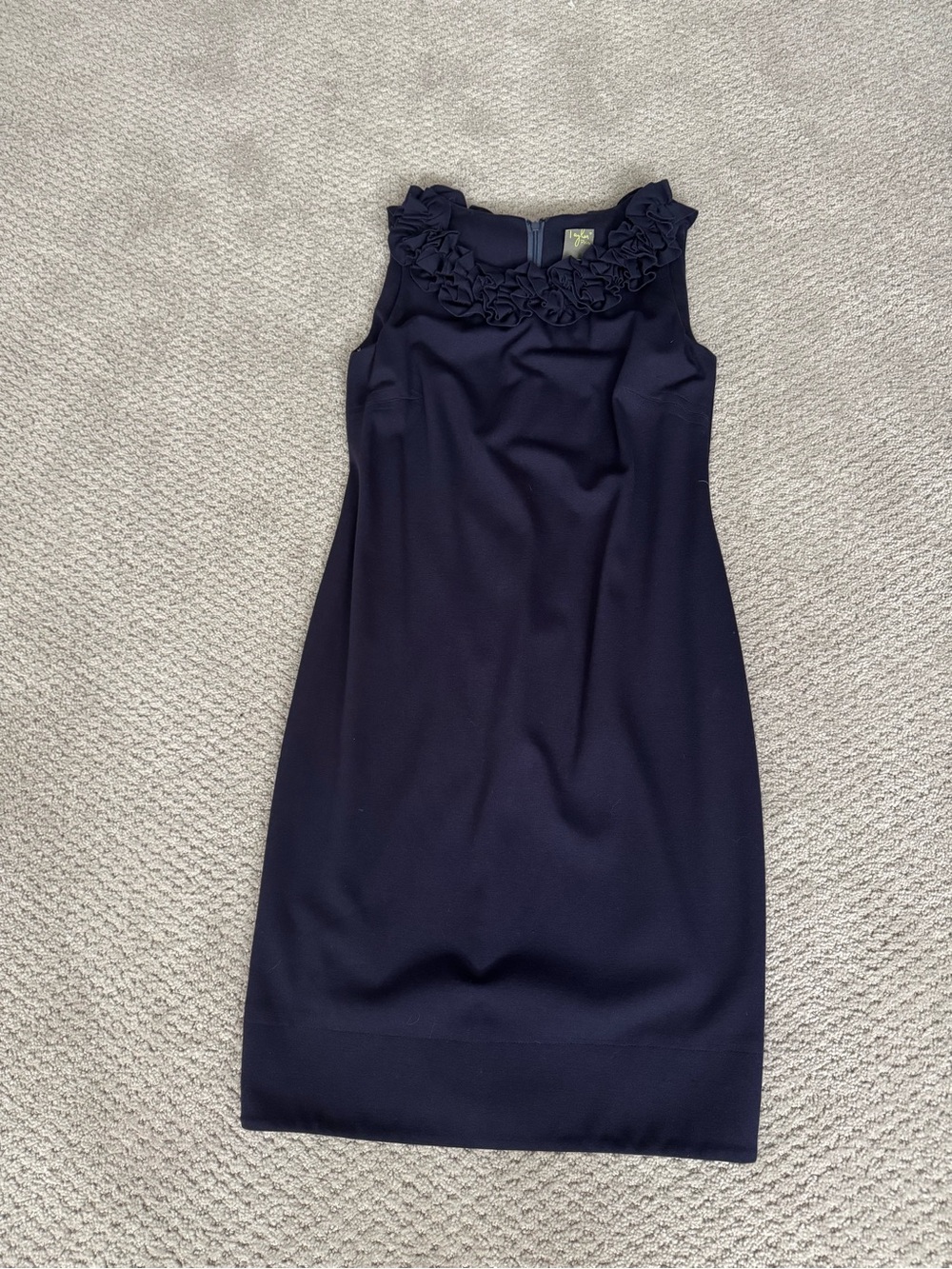 Classic Navy Sleeveless Sheath Dress with Floral Neckline  Like new